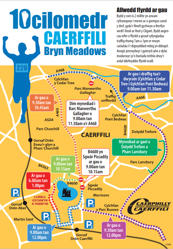 Cyhoeddi cau ffyrdd ar gyfer digwyddiad 10 Cilomedr Caerffili Bryn Meadows